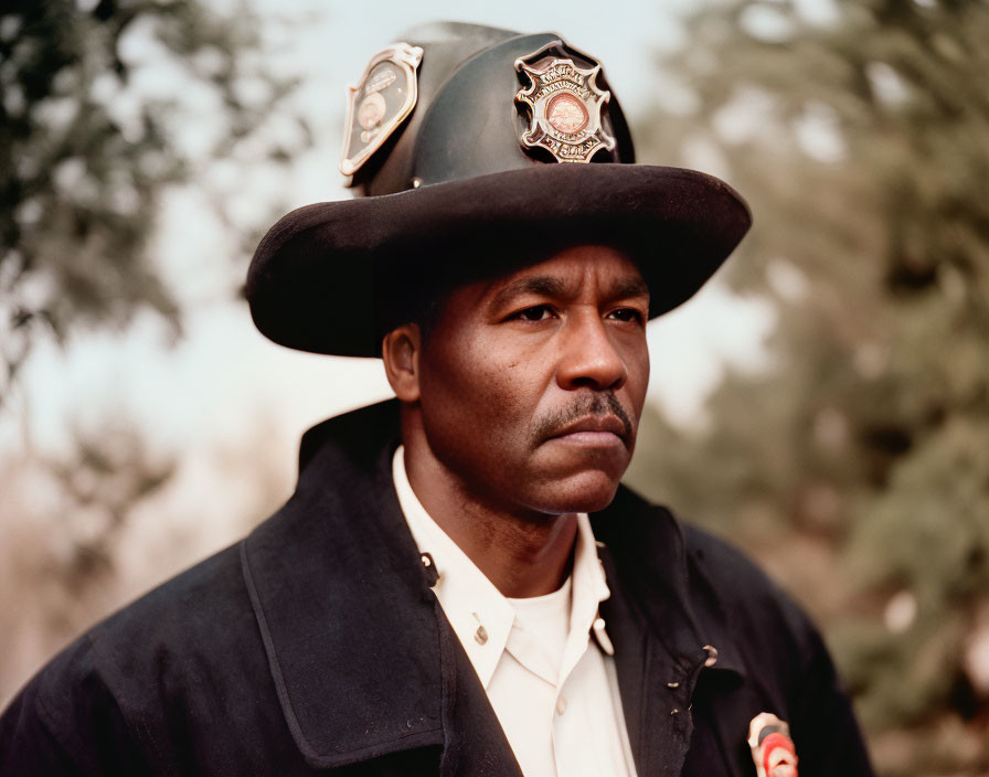 African American firefighter in uniform with badge, standing by trees