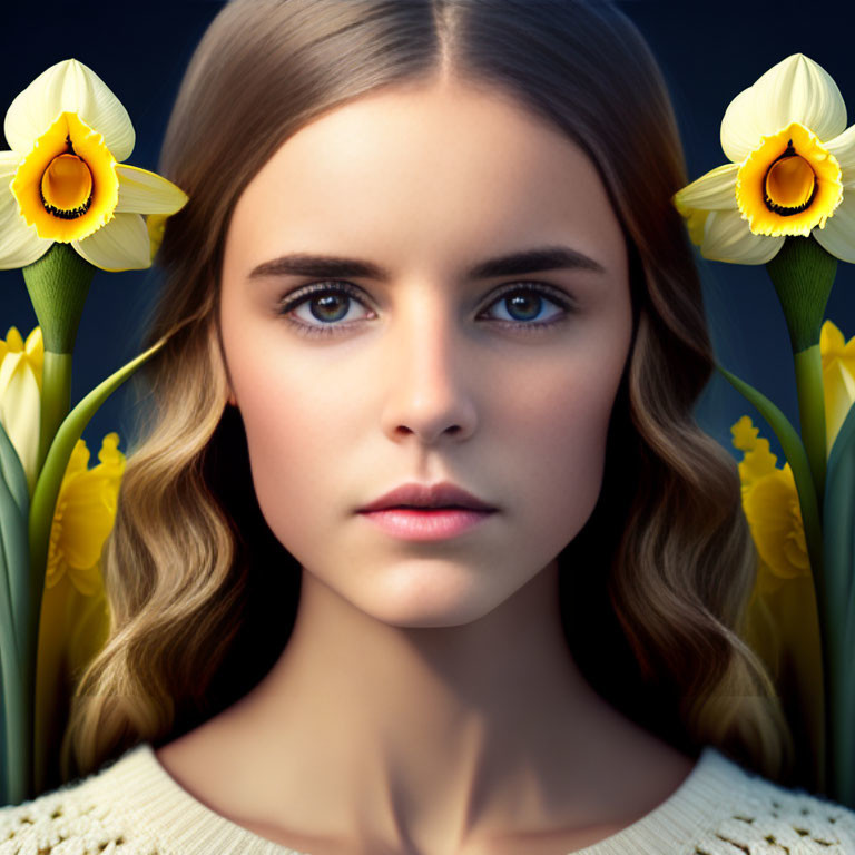 Symmetrical portrait of young woman with serene expression and yellow daffodils.