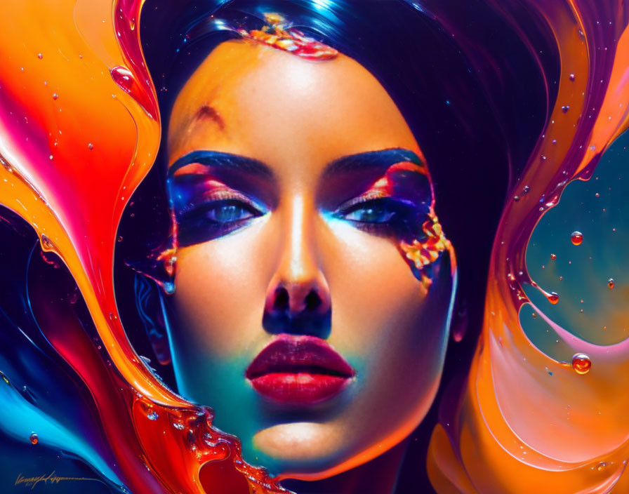 Colorful portrait of woman in swirling liquid paint.