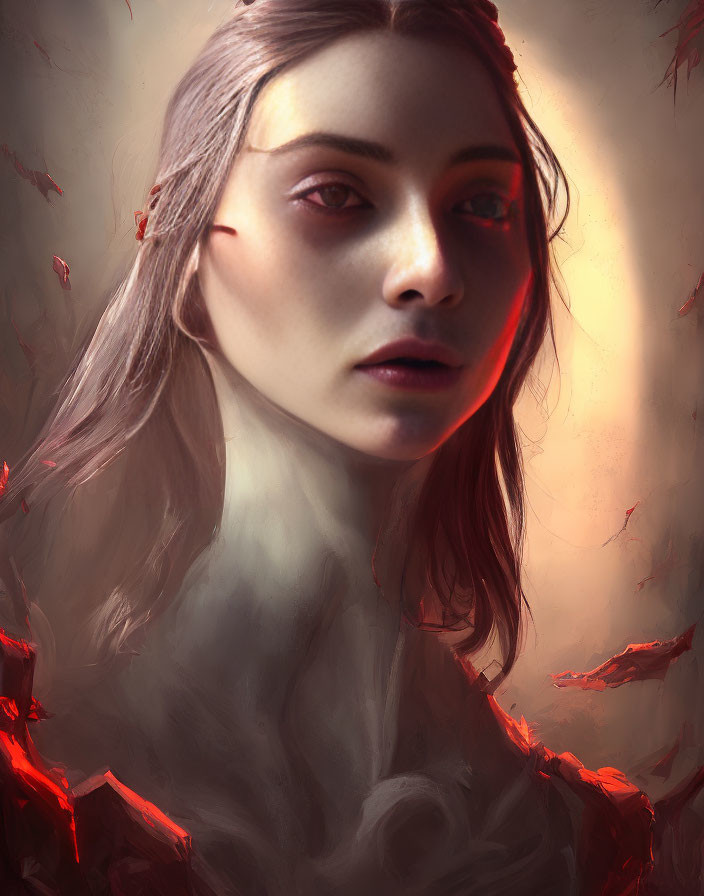 Ethereal digital portrait of a woman with translucent skin and red foliage accents