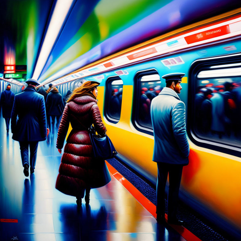 Colorful Subway Platform Scene with Blurred Trains and Passengers