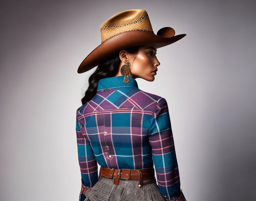 Profile of a person in cowboy hat and ornate earrings on neutral background