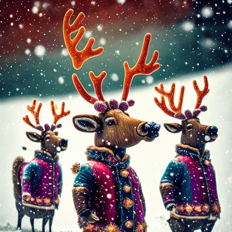 Three festive reindeer with whimsical antlers and colorful sweaters in snowy scene