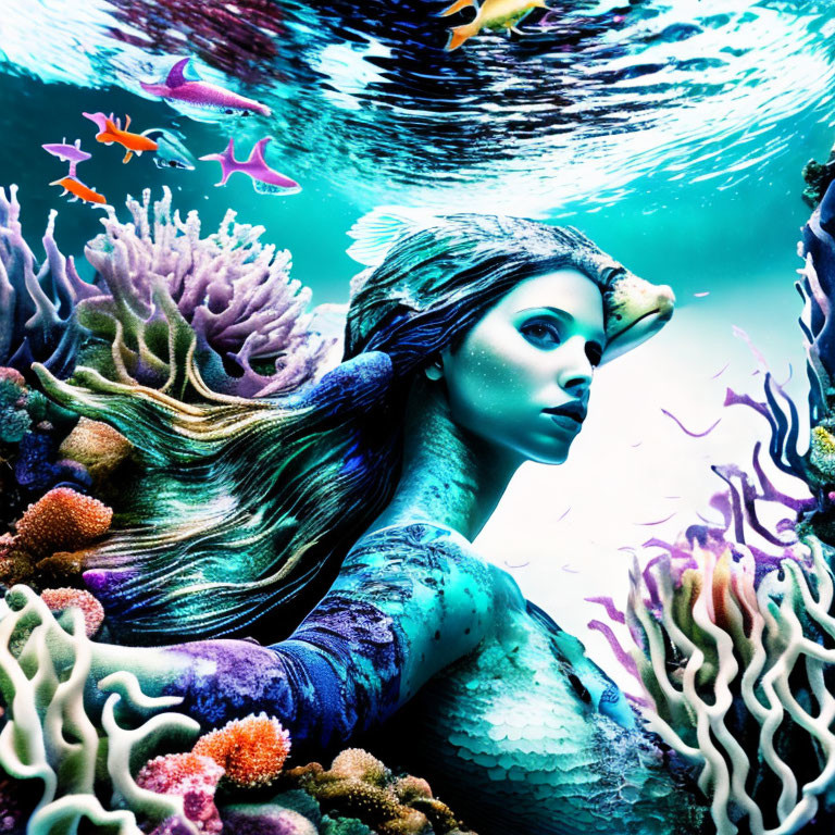 Vibrant underwater scene with mermaid-like figure, corals, and fish