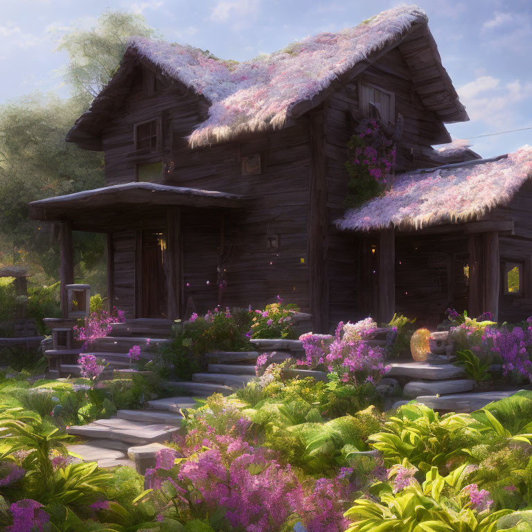 Thatched Roof Wooden Cottage Surrounded by Purple Flowers