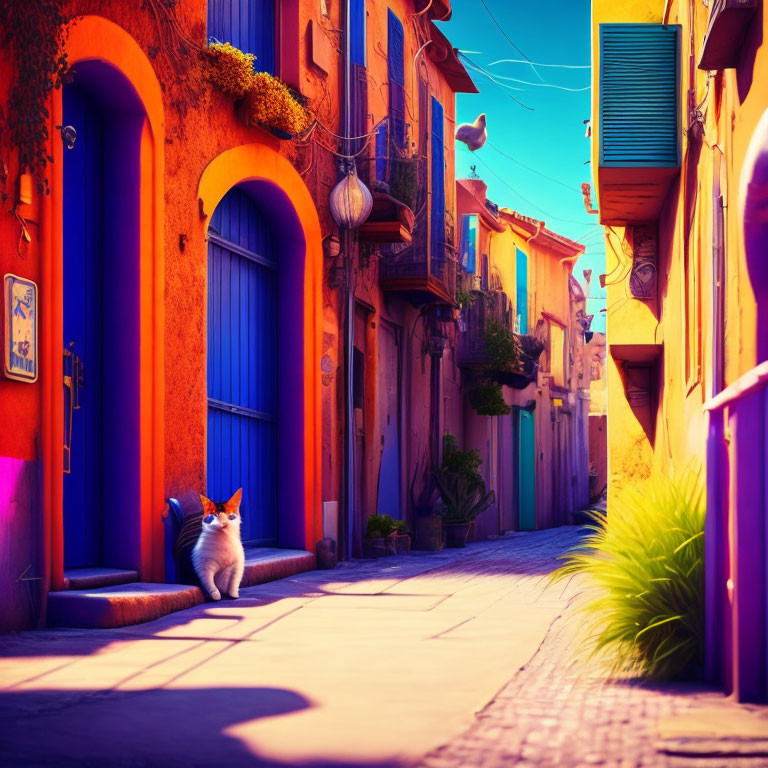 Colorful Mediterranean street scene with a cat basking in sunlight