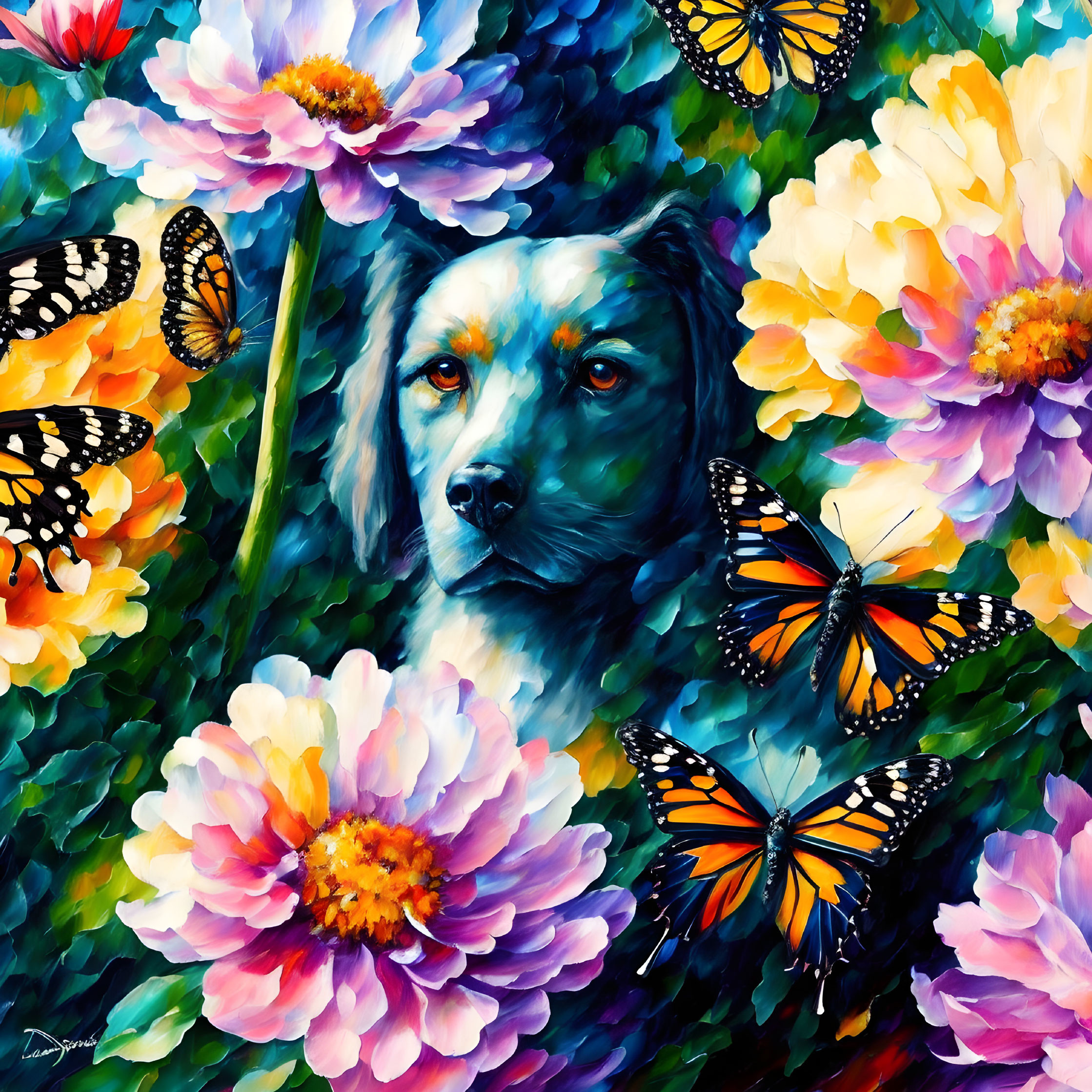 Colorful Dog Painting with Flowers and Butterflies