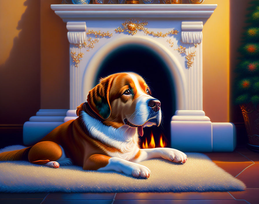 Illustration of brown and white dog by lit fireplace