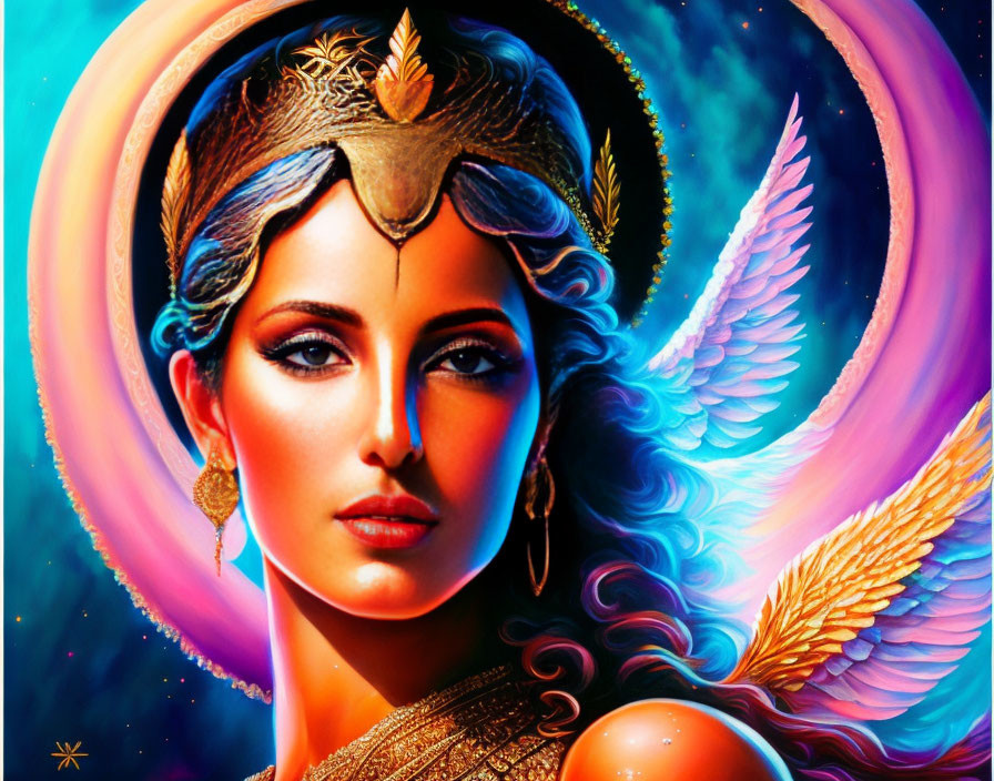 Colorful portrait of a woman with golden crown and ethereal wings against cosmic backdrop