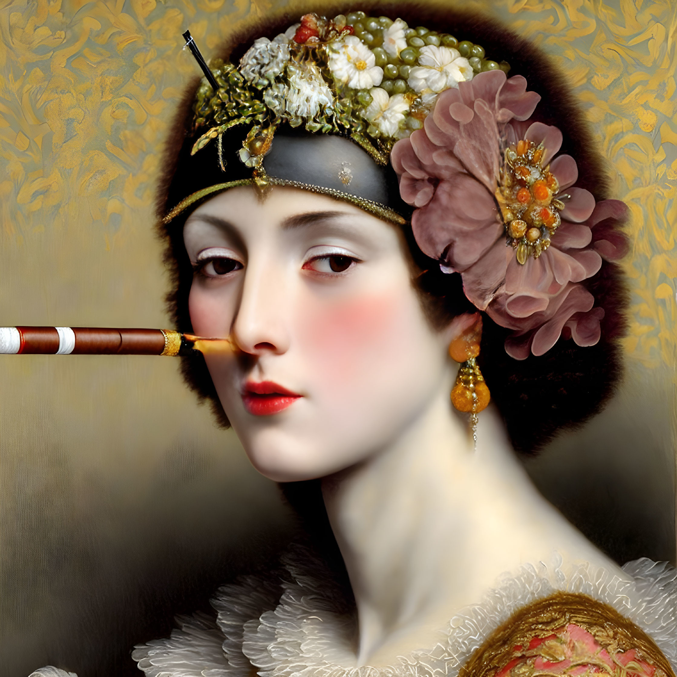 Woman with Smoking Pipe in Vintage Headdress and Jeweled Headband