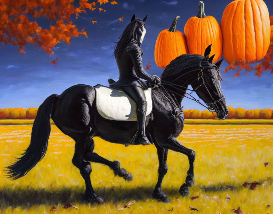 Person in black outfit riding black horse in field with floating pumpkins and autumn trees