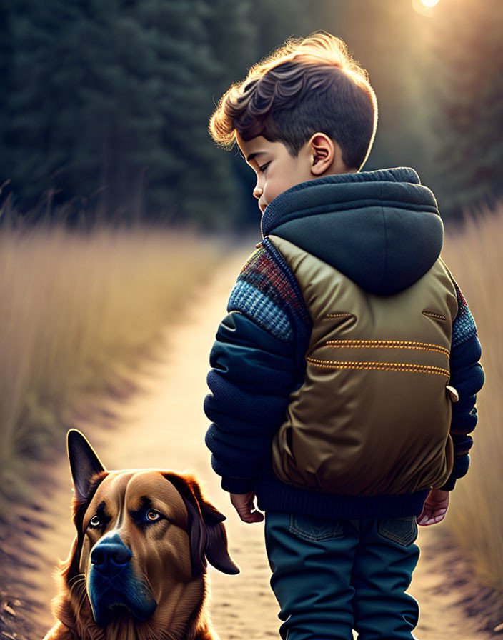 Young boy and dog on woodland path with light filtering through trees