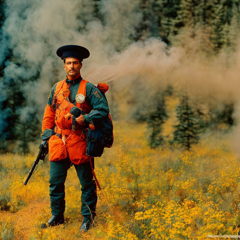 Rescuer in orange gear with rifle in yellow-flowered field