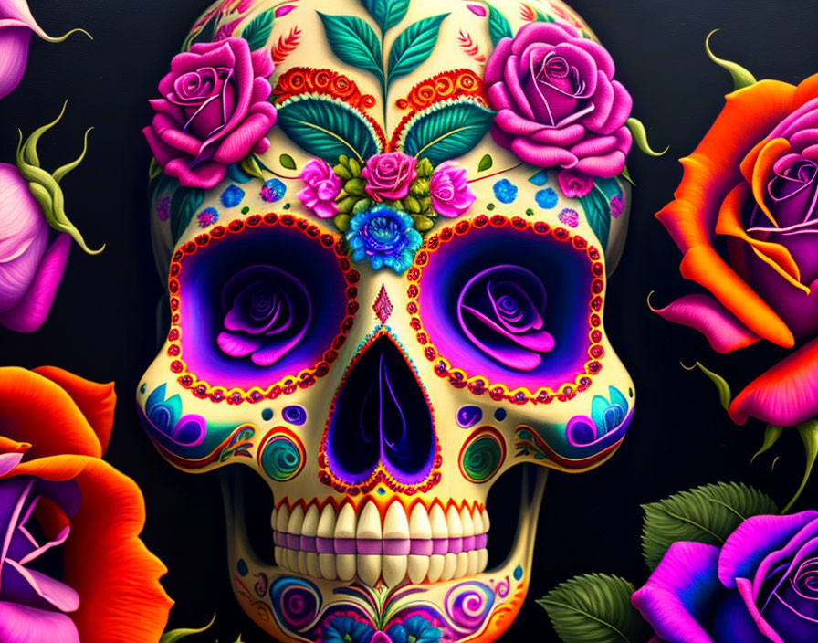 Colorful sugar skull with floral patterns for Day of the Dead