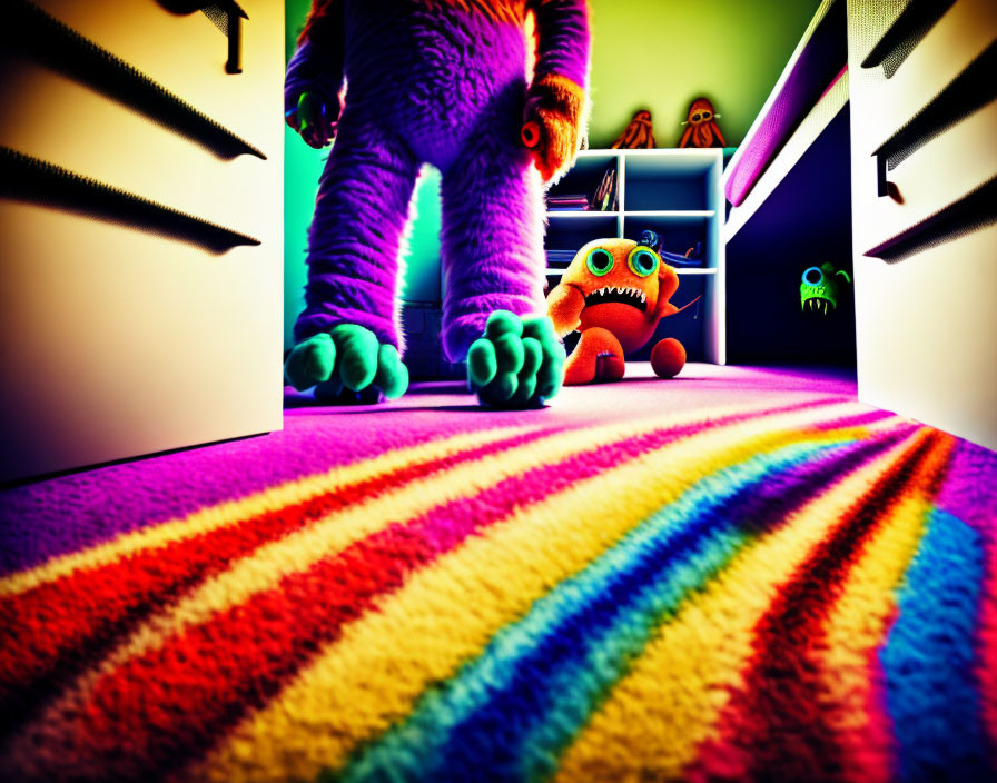 Colorful Fuzzy Purple Creature on Rainbow Striped Carpet with Monster Decor