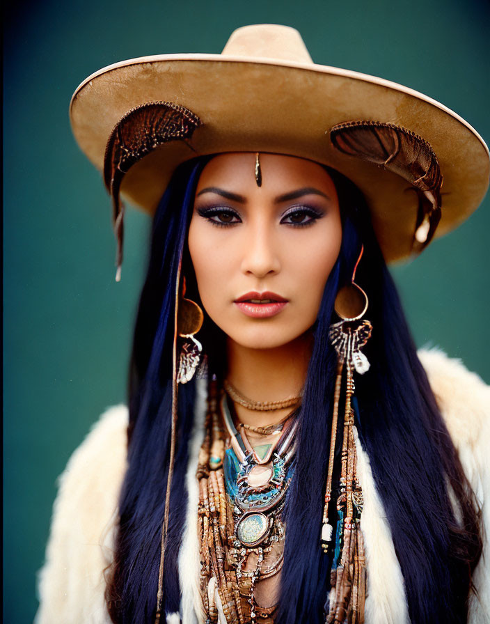 Woman in large-brimmed hat with feathers, turquoise jewelry, and white fur coat