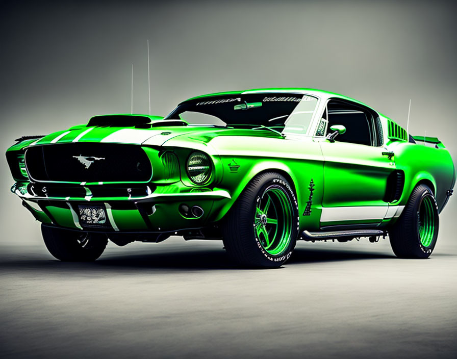 Vibrant Green Classic Mustang with Racing Stripes and Custom Wheels