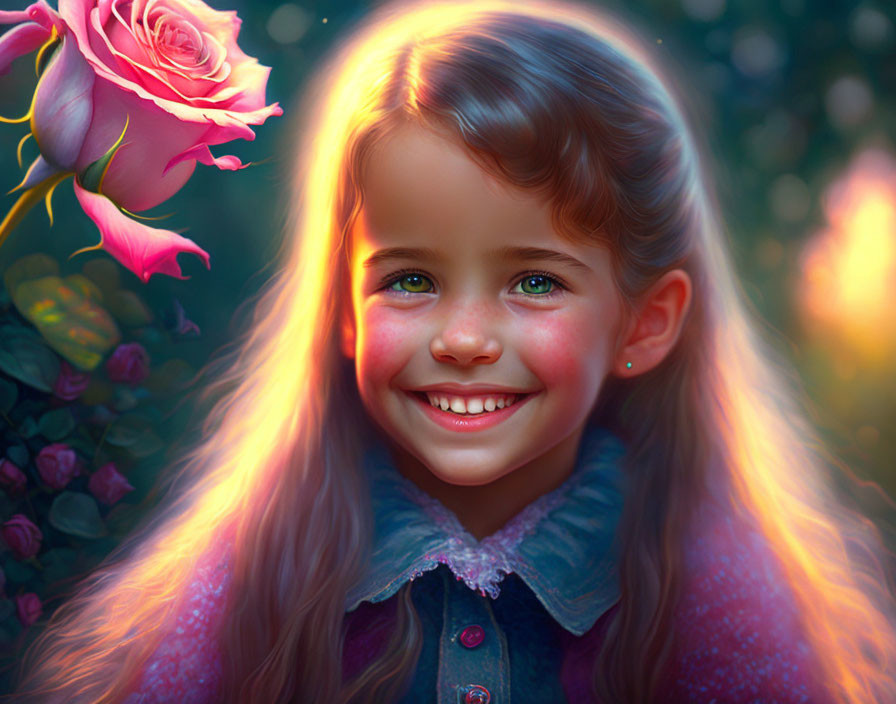 Young girl with blue eyes and rosy cheeks in denim jacket, surrounded by pink rose in sunlit