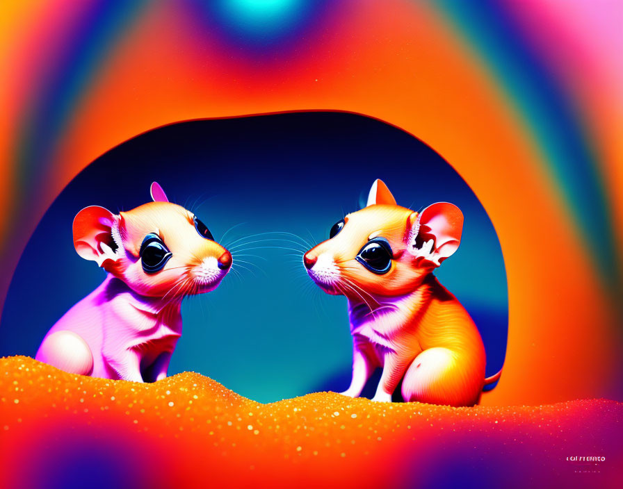 Colorful Cartoon Mice on Surreal Rainbow Landscape