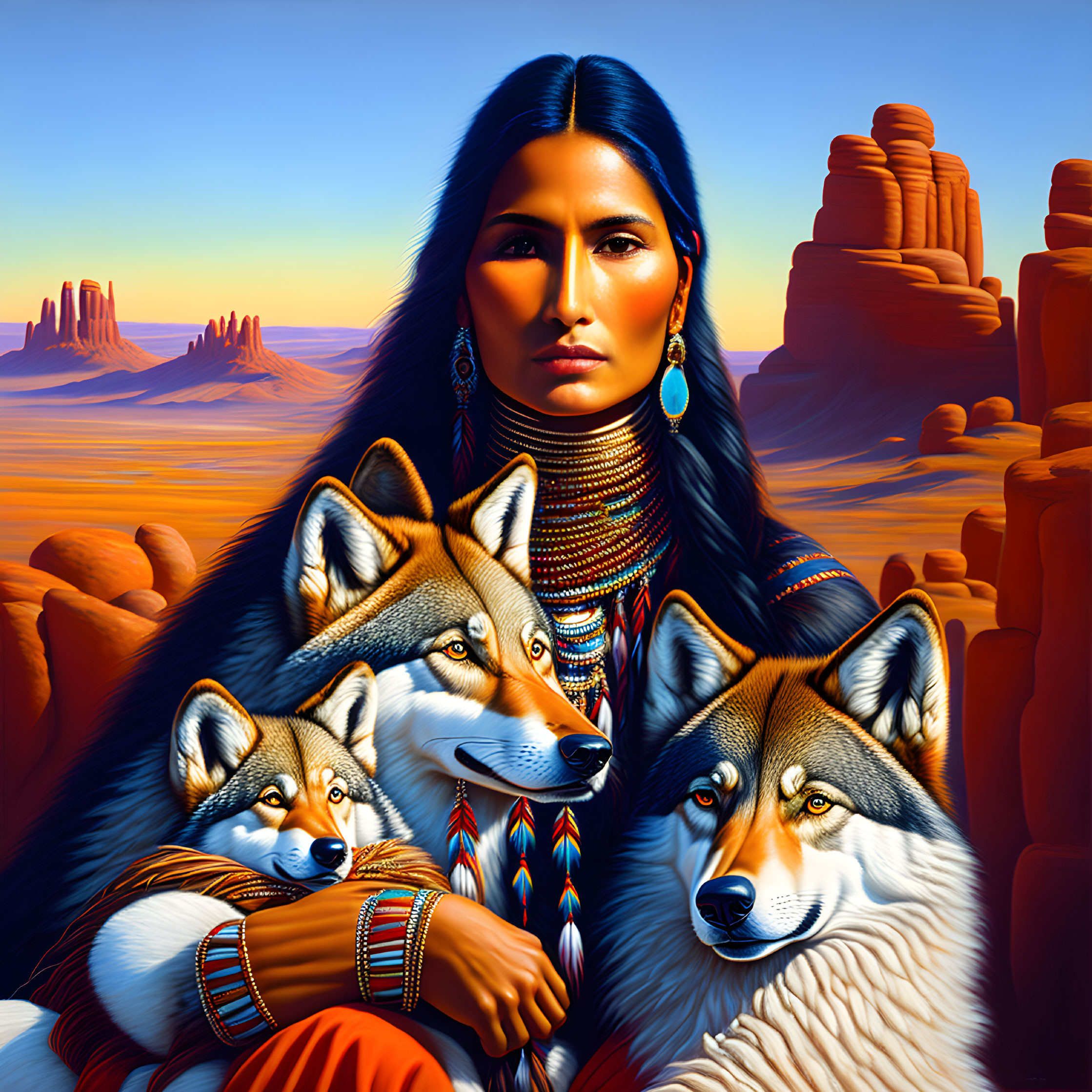 Native American woman, two wolves, desert sunset scene