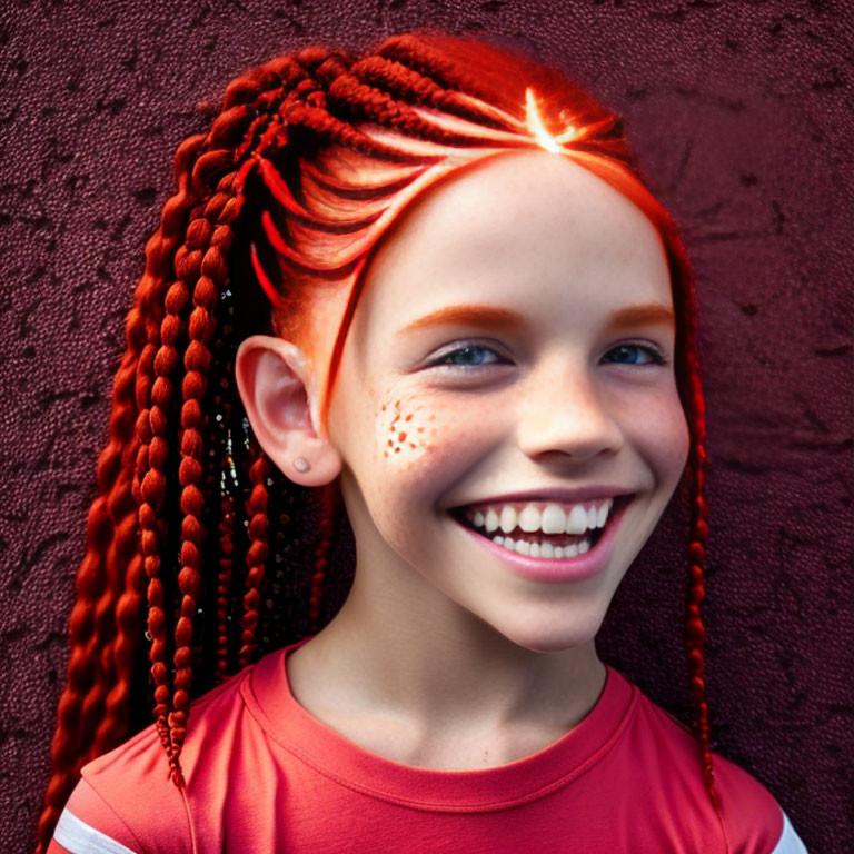 Smiling girl with red braided hair and freckles against purple wall