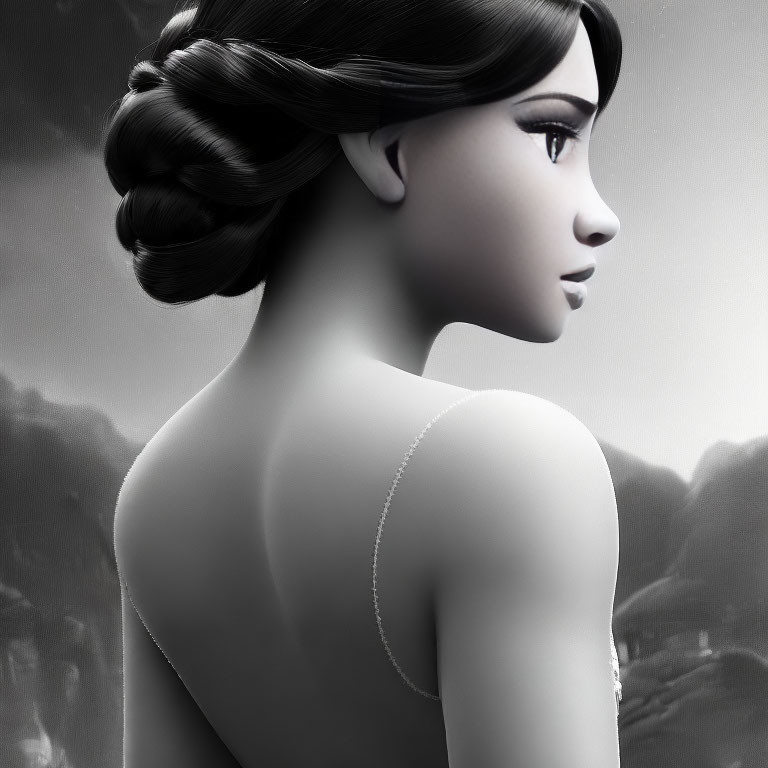 Monochrome 3D animated female character with bun hairstyle, profile view