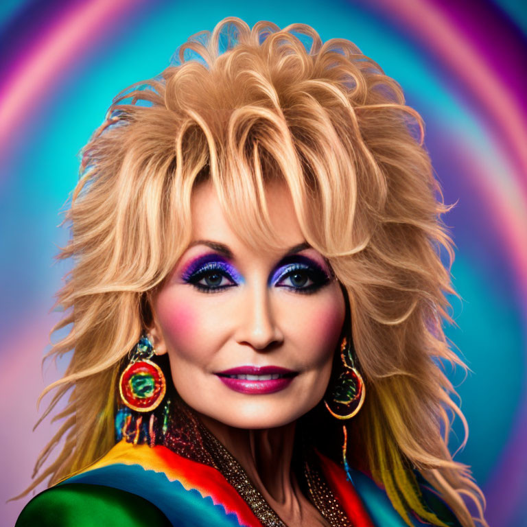 Blonde Woman with Colorful Makeup and Rainbow Outfit on Neon Swirl Background