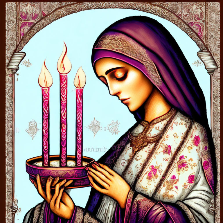 Intricate Woman with Headscarf Holding Tray of Candles