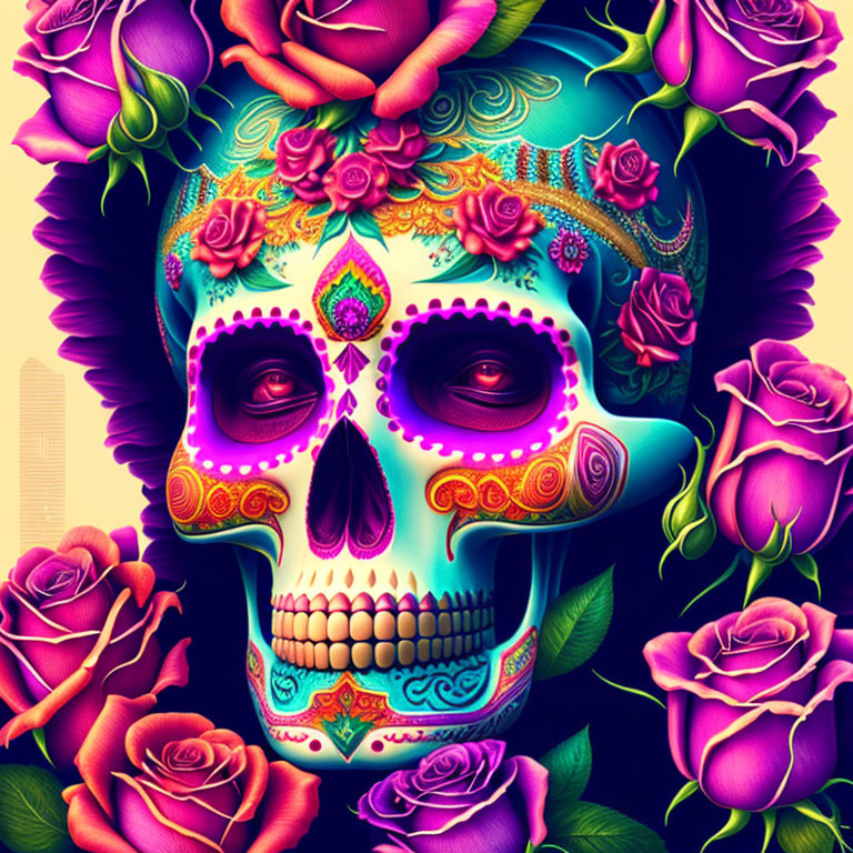 Colorful Skull Illustration Surrounded by Roses and Floral Patterns