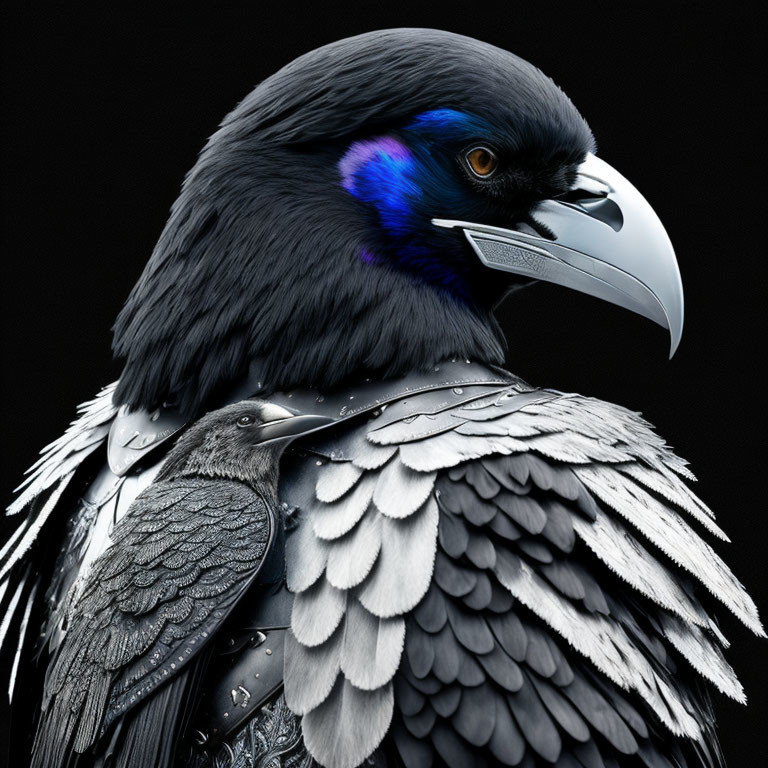 Detailed digital artwork: Raven with armor and blue feather on dark background