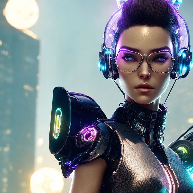 Futuristic female character with cybernetic enhancements in purple glasses against cityscape