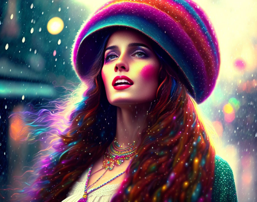 Colorful makeup woman with rainbow hat in whimsical portrait