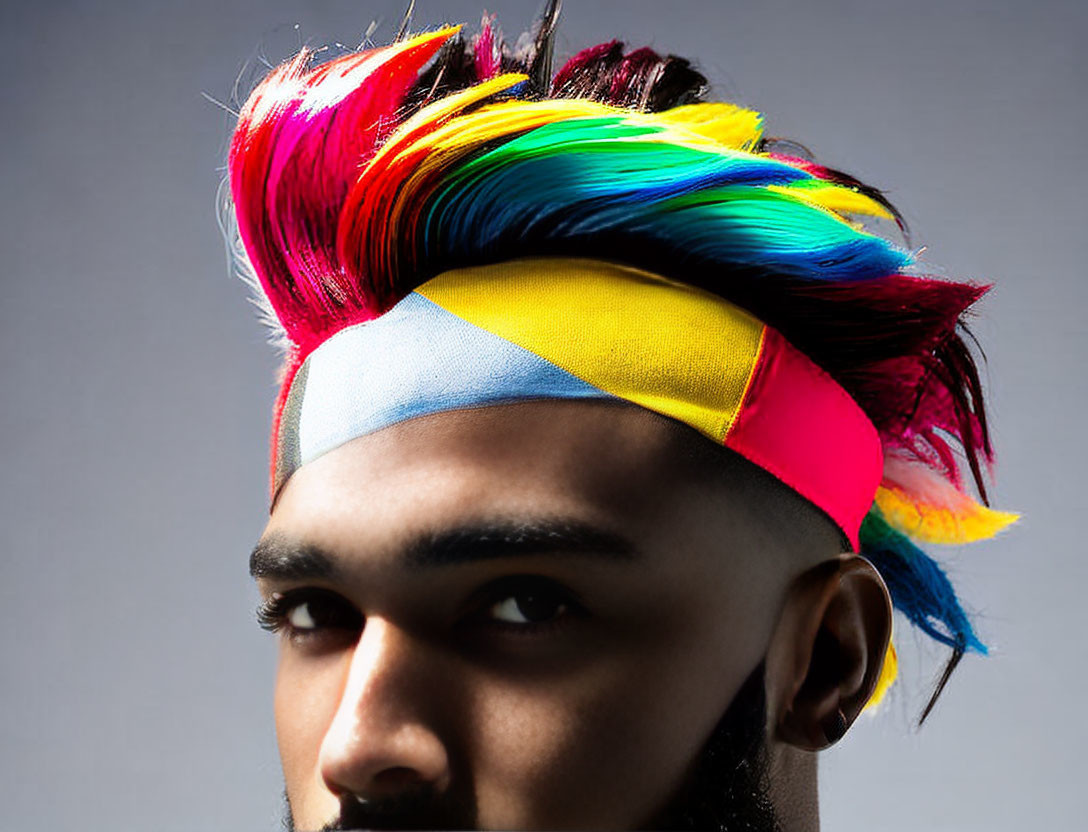 Vibrant multi-colored mohawk hairstyle with matching headband on gray backdrop