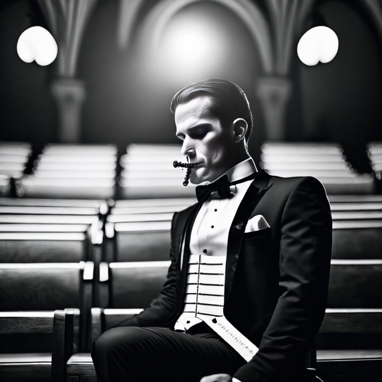 Man in tuxedo holding violin in grand hall with arched ceilings