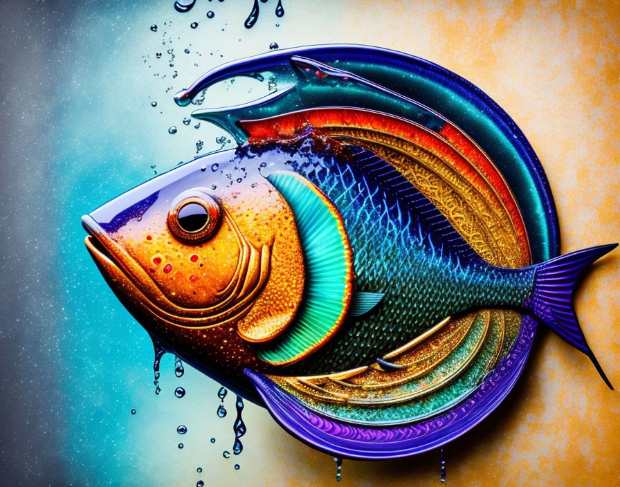 Colorful Stylized Fish Artwork on Speckled Blue Background