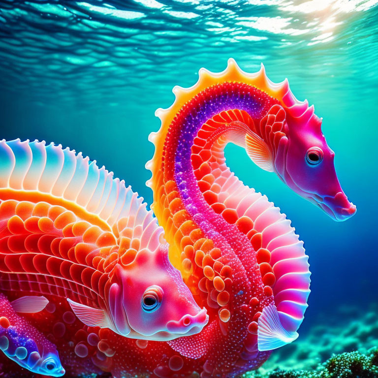 Colorful Pink and Orange Seahorses with Ornate Patterns in Underwater Scene