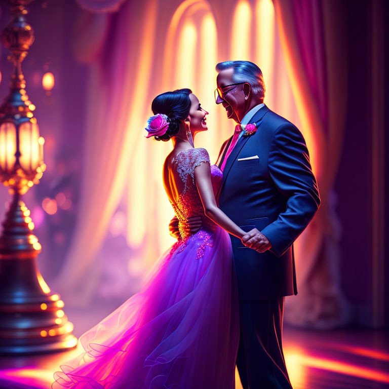 Formal Attire Couple Gazing Lovingly on Romantic Stage