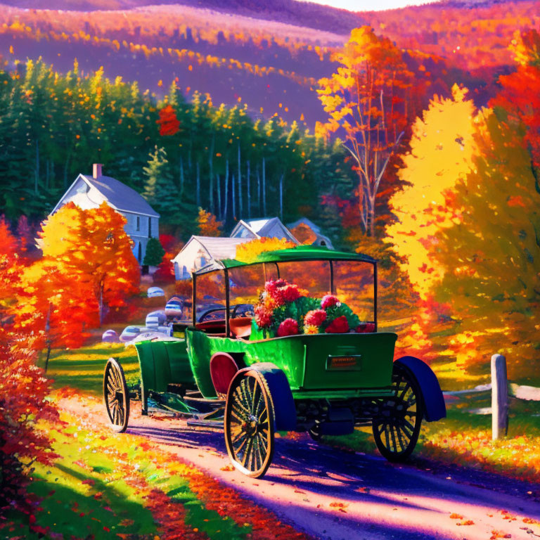 Vintage Green Car Driving on Scenic Autumn Road