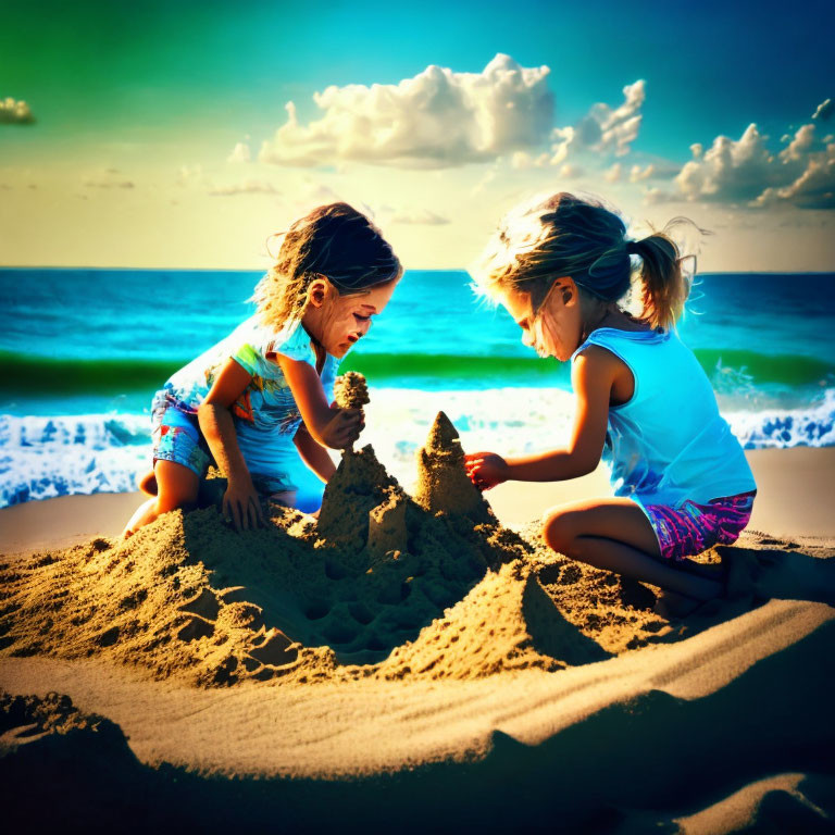 Children building sandcastle on sunny beach with waves.