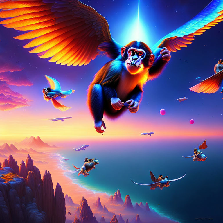 Vibrant fantasy artwork: winged monkeys, alien landscape, mountains, sky, planets