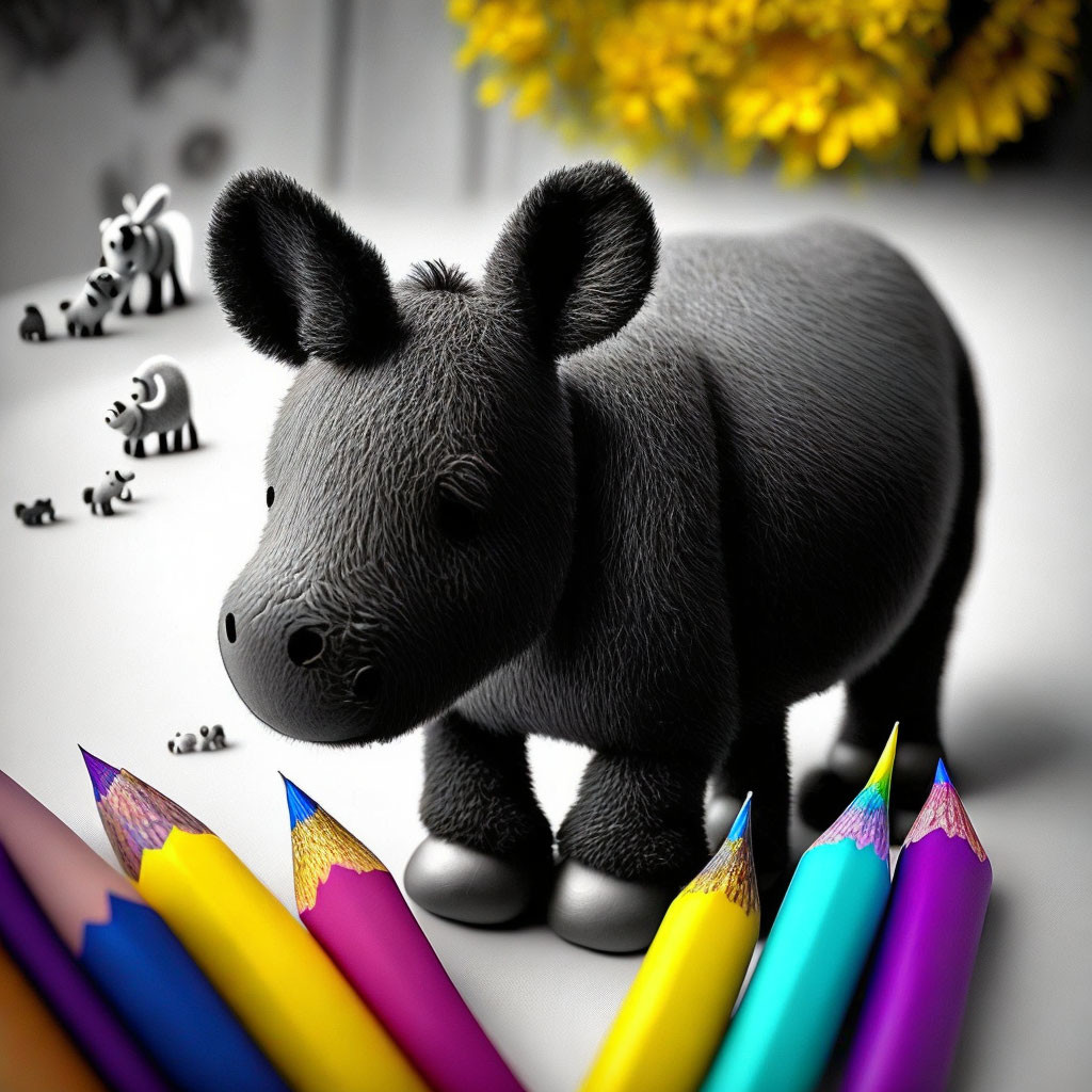 Colorful pencils and zebra figures in digital art with stylized gray koala