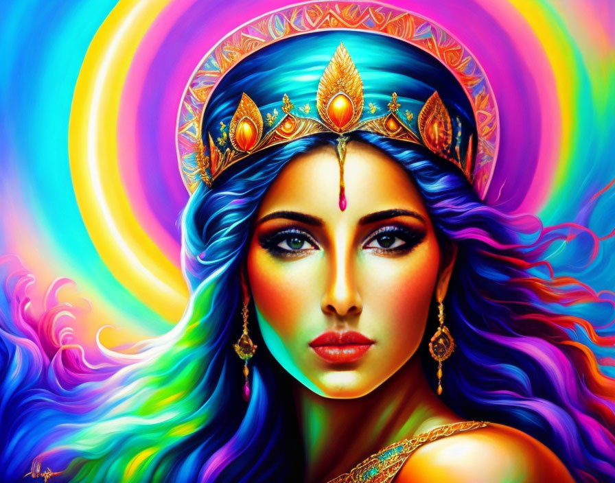 Colorful digital art portrait of woman with jeweled crown, blue hair, green eyes on rainbow background