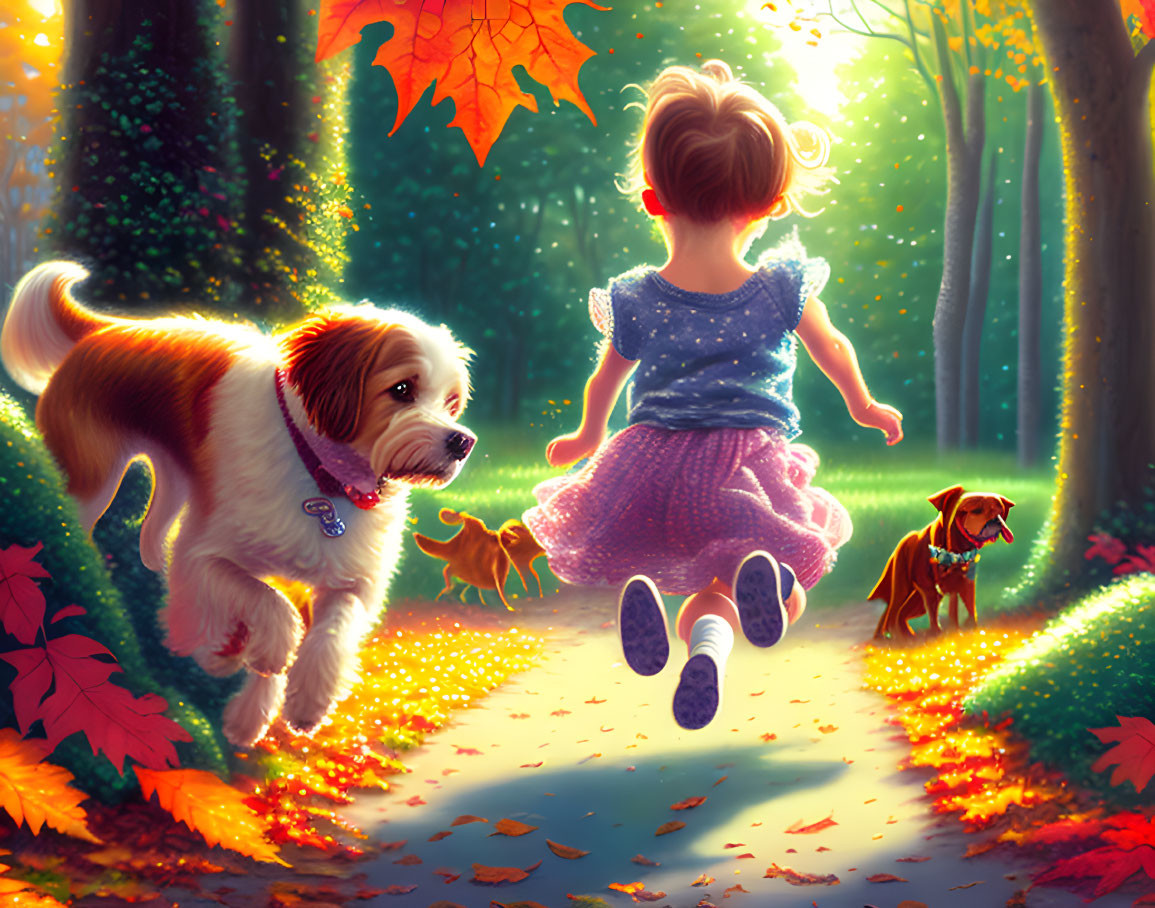 Young girl and dog playing in autumn park with colorful leaves and sunlight.