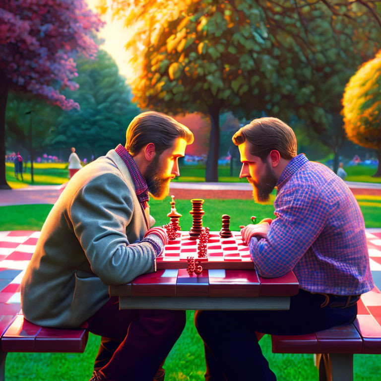 Men playing chess at park table in sunset amidst greenery.