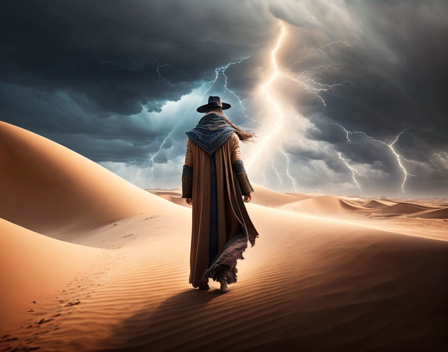 Cloaked Figure Walking on Sand Dunes During Stormy Weather