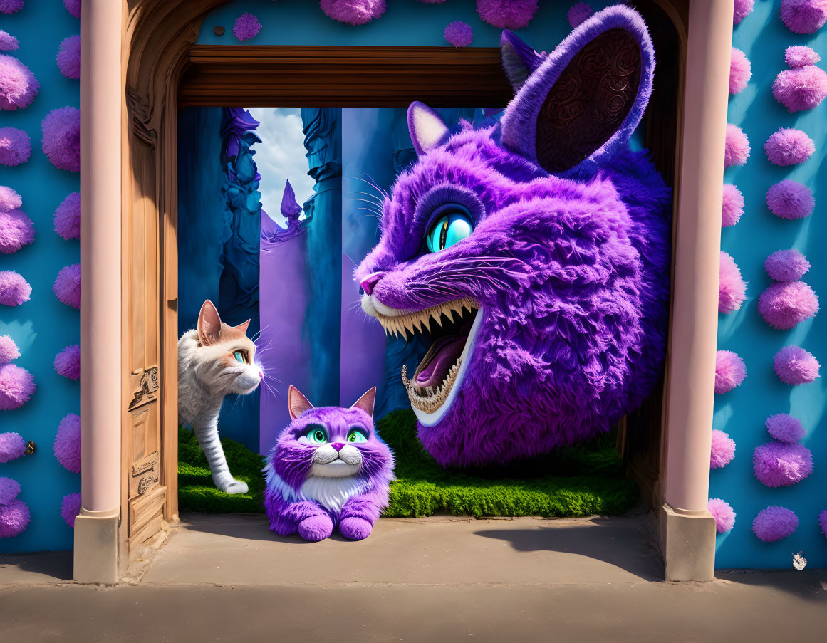 Two purple furry creatures with wide grins and a white and orange cat.