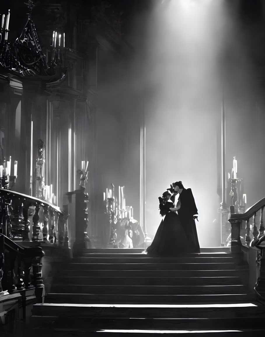 Elegant couple kissing on grand staircase with gothic romantic ambiance