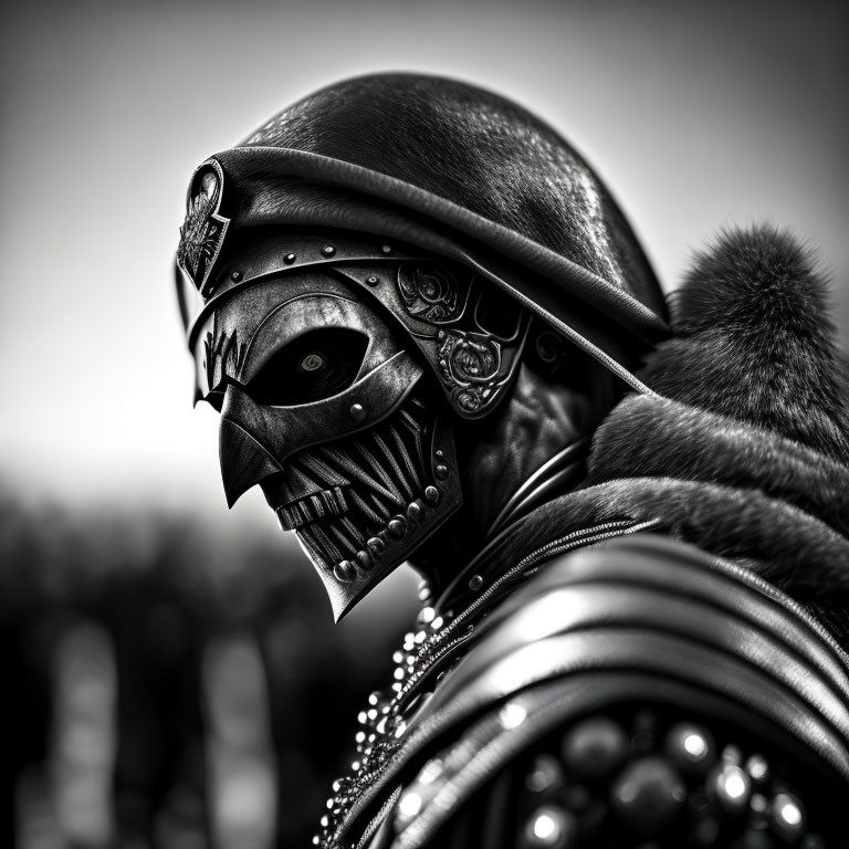 Detailed Black and White Photo of Person in Metallic Gladiator Helmet and Armor