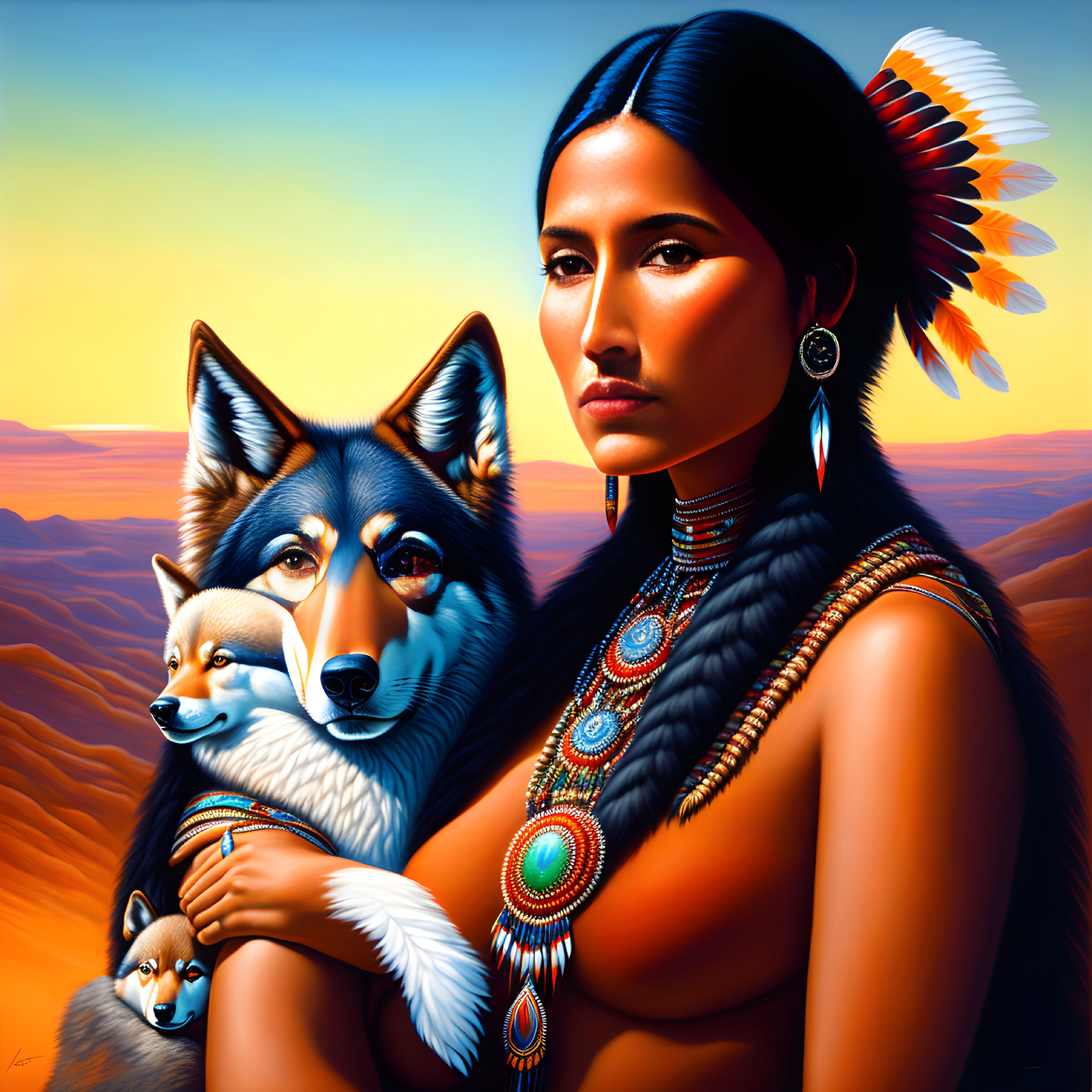 Native American Woman with Wolves in Colorful Desert Landscape