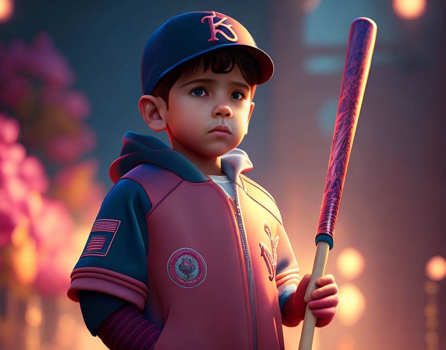 Young boy in sporty jacket and baseball cap holding bat against floral background at dusk